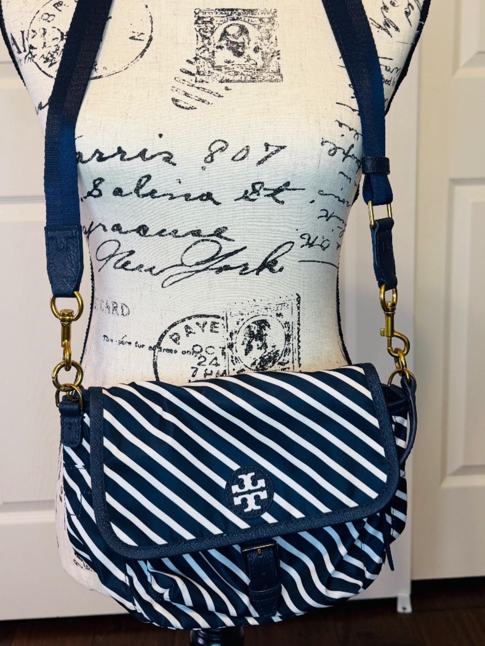 Tory Burch Navy and White Striped Crossbody Bag